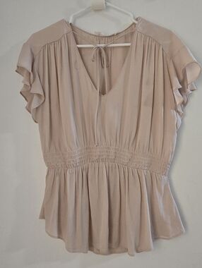 Astr Blush Ruffle Sleeve Smocked Peplum Blouse